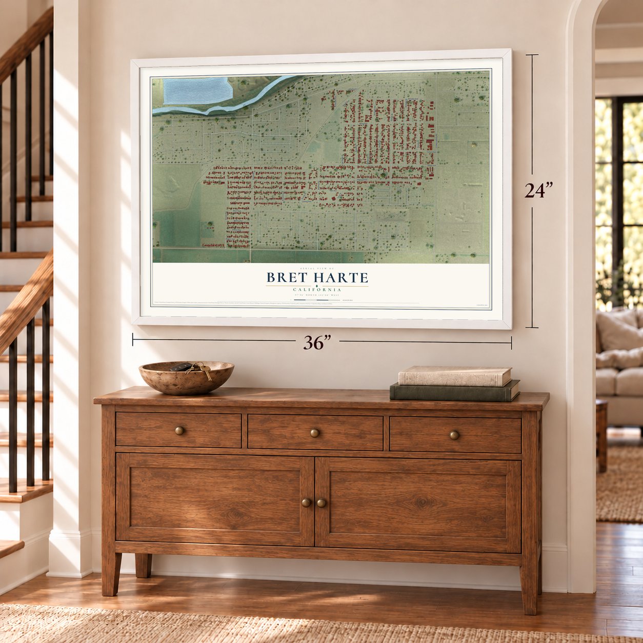 Bret Harte, California map, 24 x 36 inch print in a white frame above a dresser by a staircase