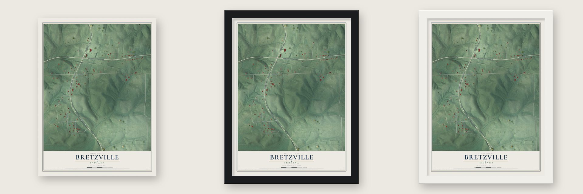 Bretzville, Indiana map unframed, in a black wood frame and in a white wood frame