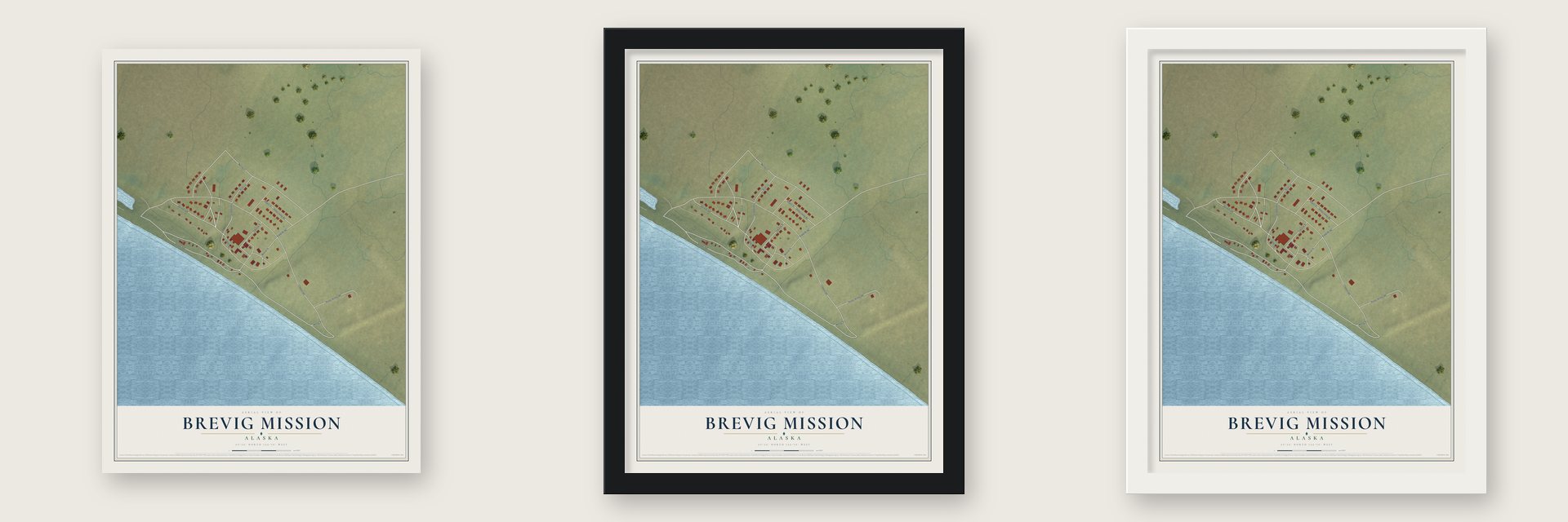 Brevig Mission, Alaska map unframed, in a black wood frame and in a white wood frame