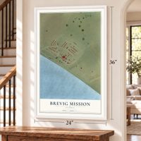 Brevig Mission, Alaska map, 24 x 36 inch print in a white frame by a staircase