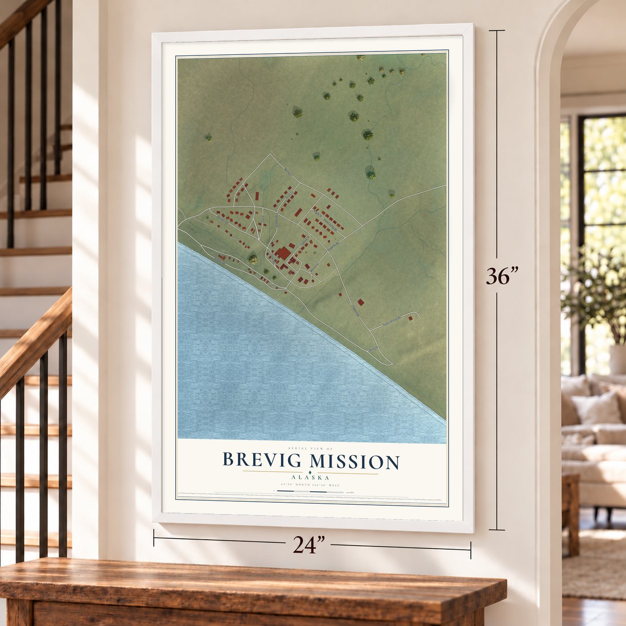 Brevig Mission, Alaska map, 24 x 36 inch print in a white frame by a staircase