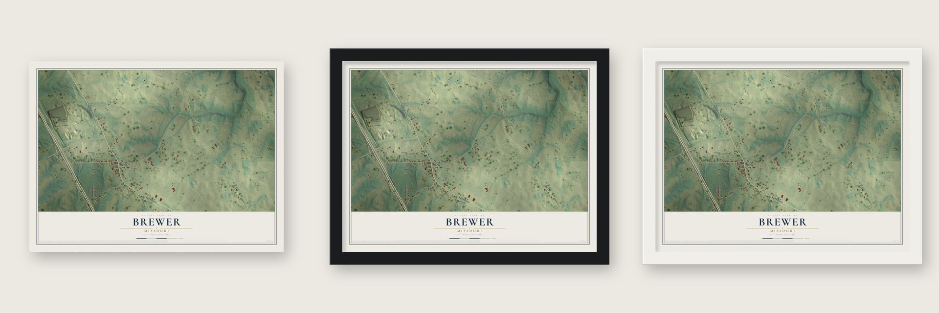 Brewer, Missouri map unframed, in a black wood frame and in a white wood frame