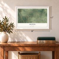 Brewer, Missouri map, 12 x 18 inch print in a white frame in an entryway