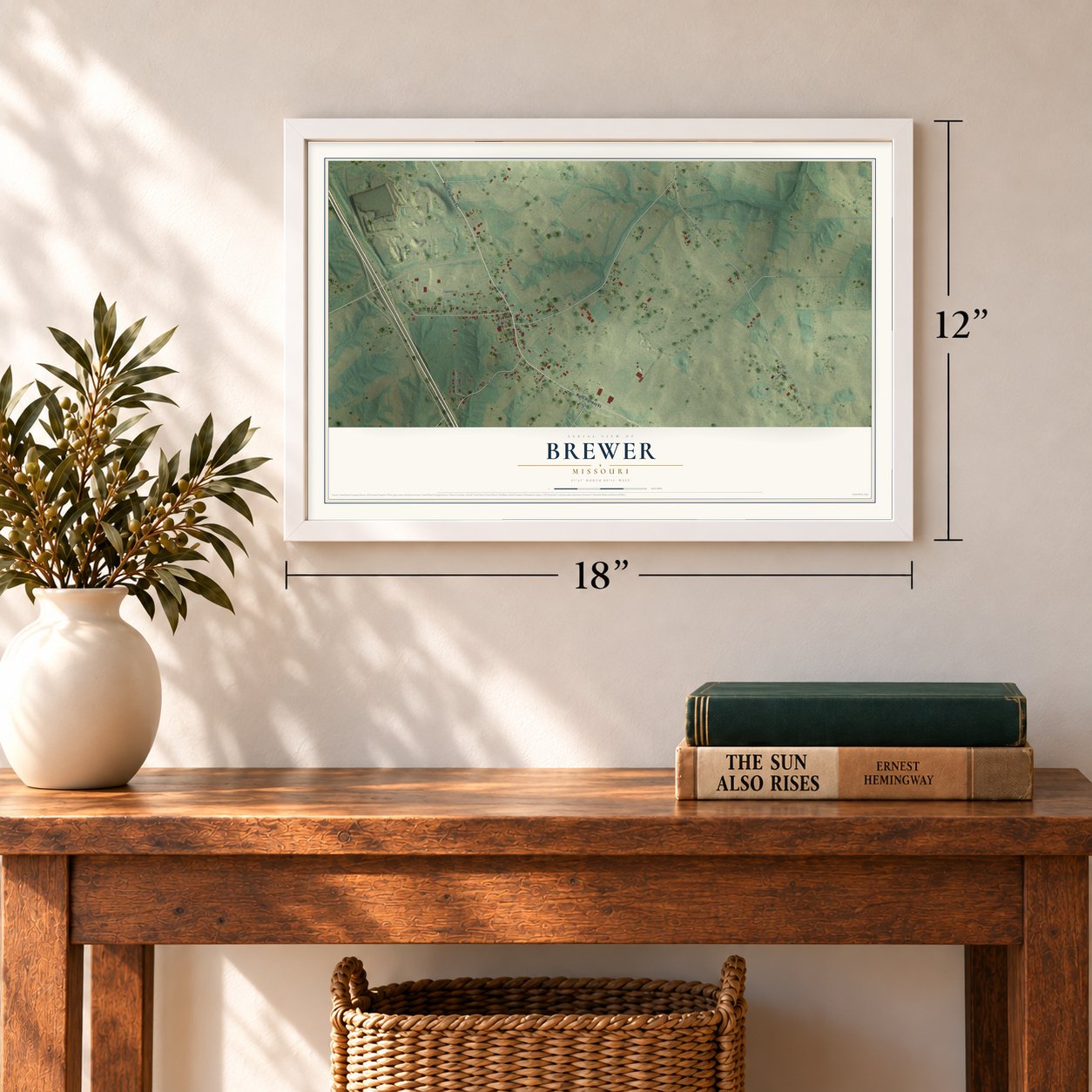 Brewer, Missouri map, 12 x 18 inch print in a white frame in an entryway