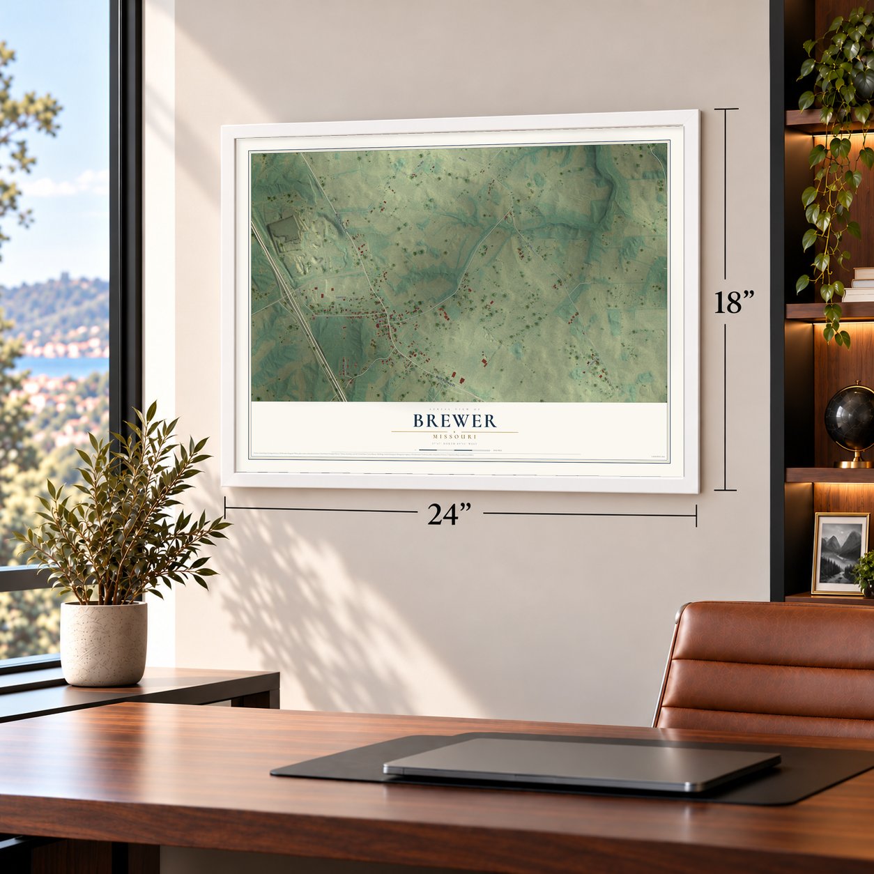 Brewer, Missouri map, 18 x 24 inch print in a white frame in a home office