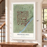 Brewers Hill, Wisconsin map, 24 x 36 inch print in a white frame by a staircase