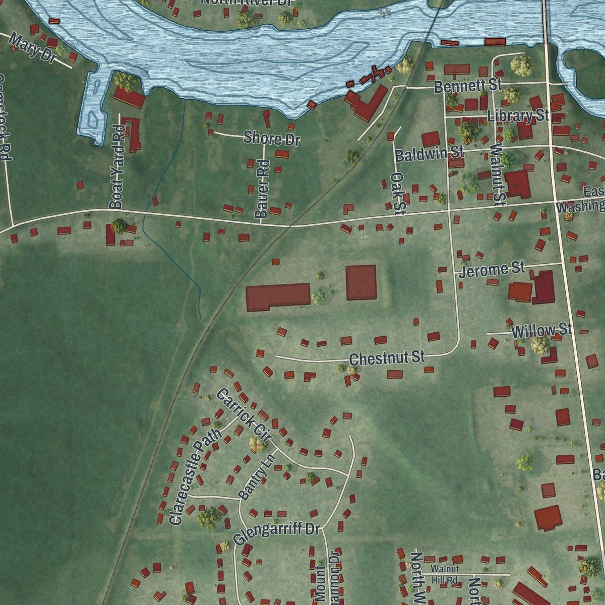 Second close-up of the map of Brewerton, New York print showing more streets and buildings