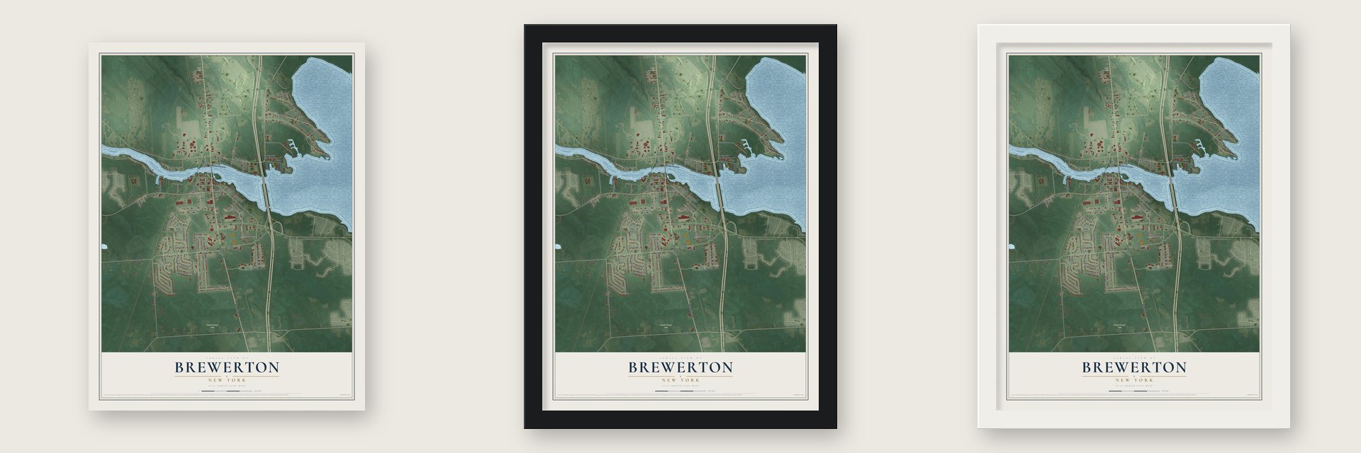 Brewerton, New York map unframed, in a black wood frame and in a white wood frame