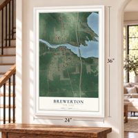 Brewerton, New York map, 24 x 36 inch print in a white frame by a staircase
