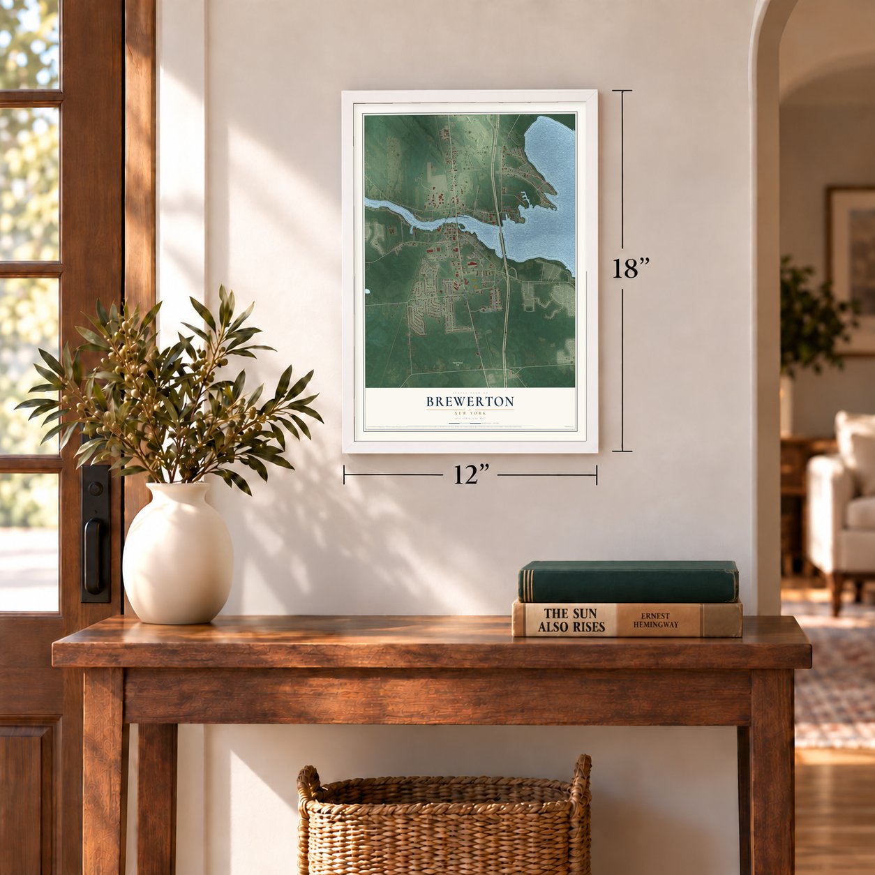 Brewerton, New York map, 12 x 18 inch print in a white frame in an entryway