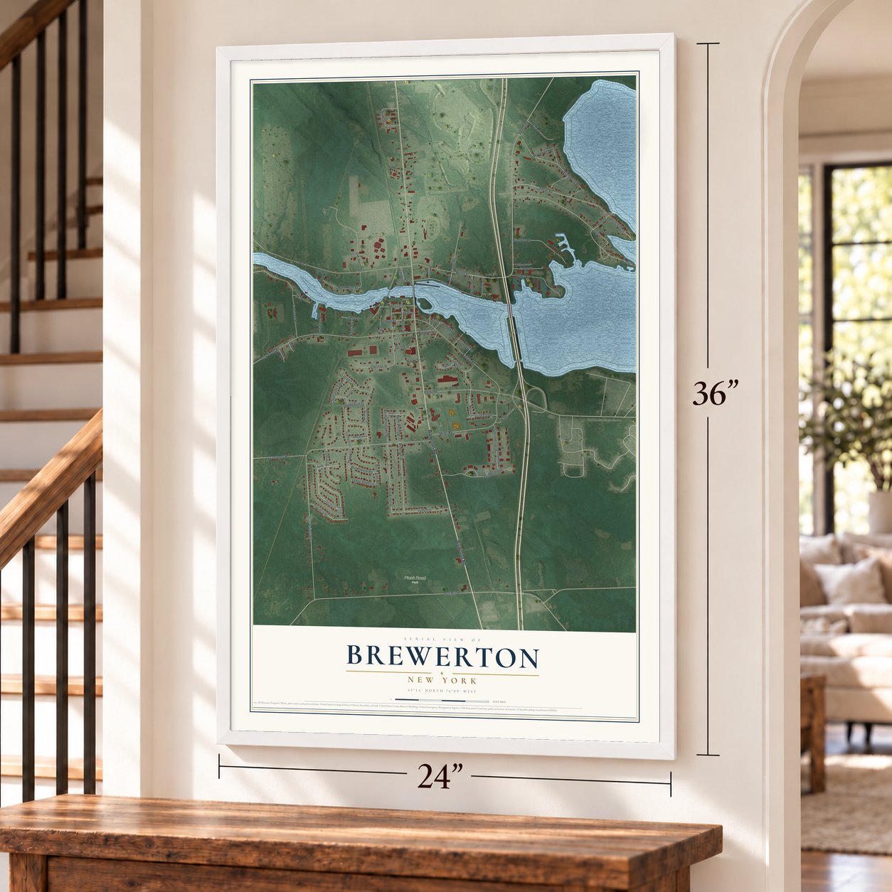 Brewerton, New York map, 24 x 36 inch print in a white frame by a staircase