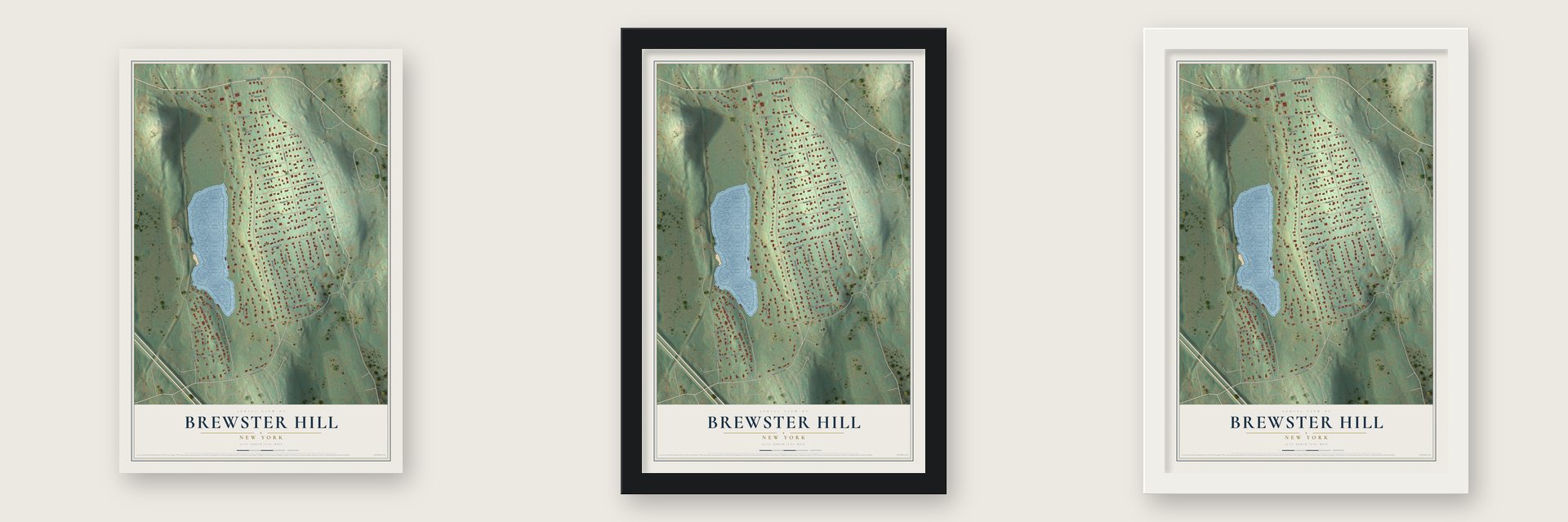 Brewster Hill, New York map unframed, in a black wood frame and in a white wood frame