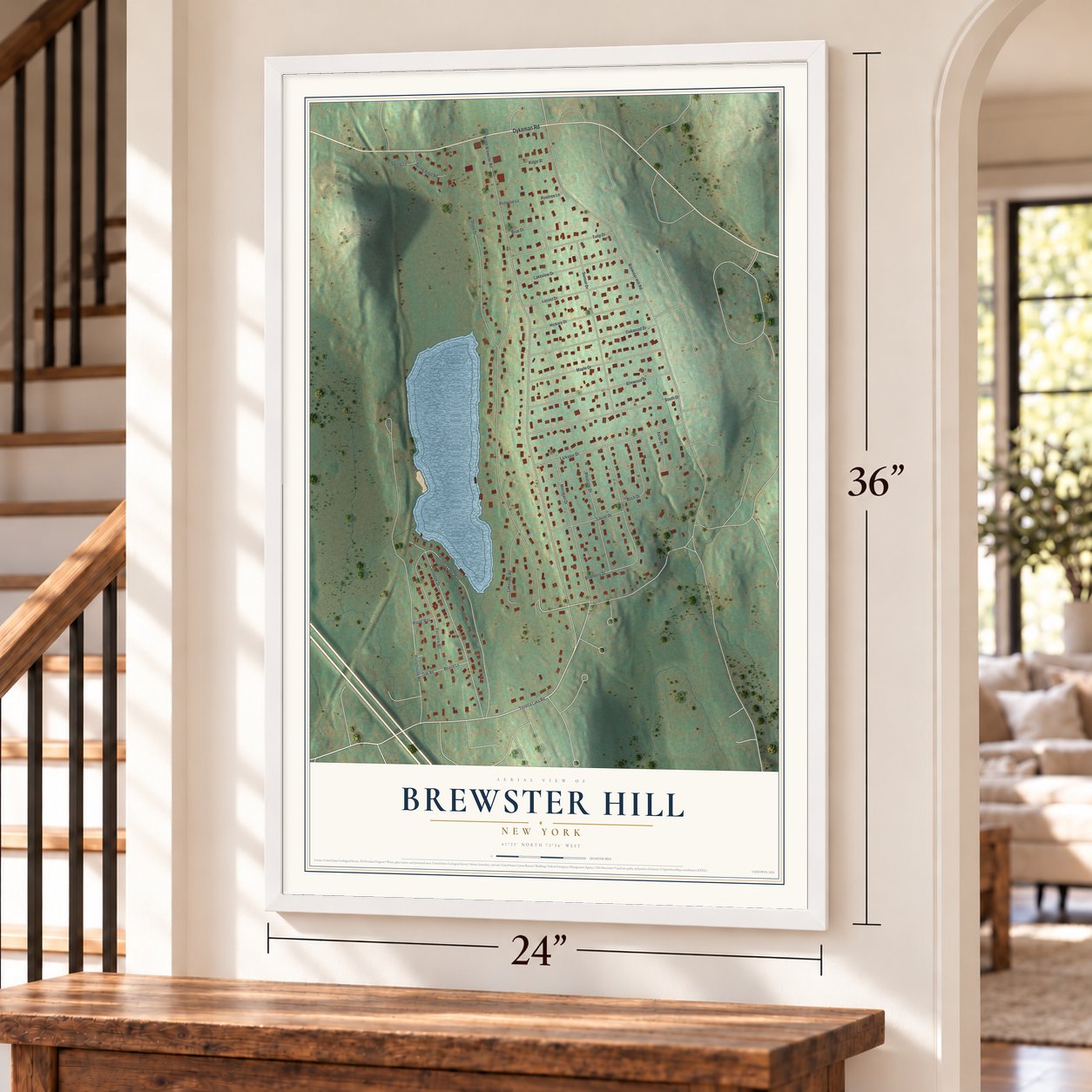 Brewster Hill, New York map, 24 x 36 inch print in a white frame by a staircase
