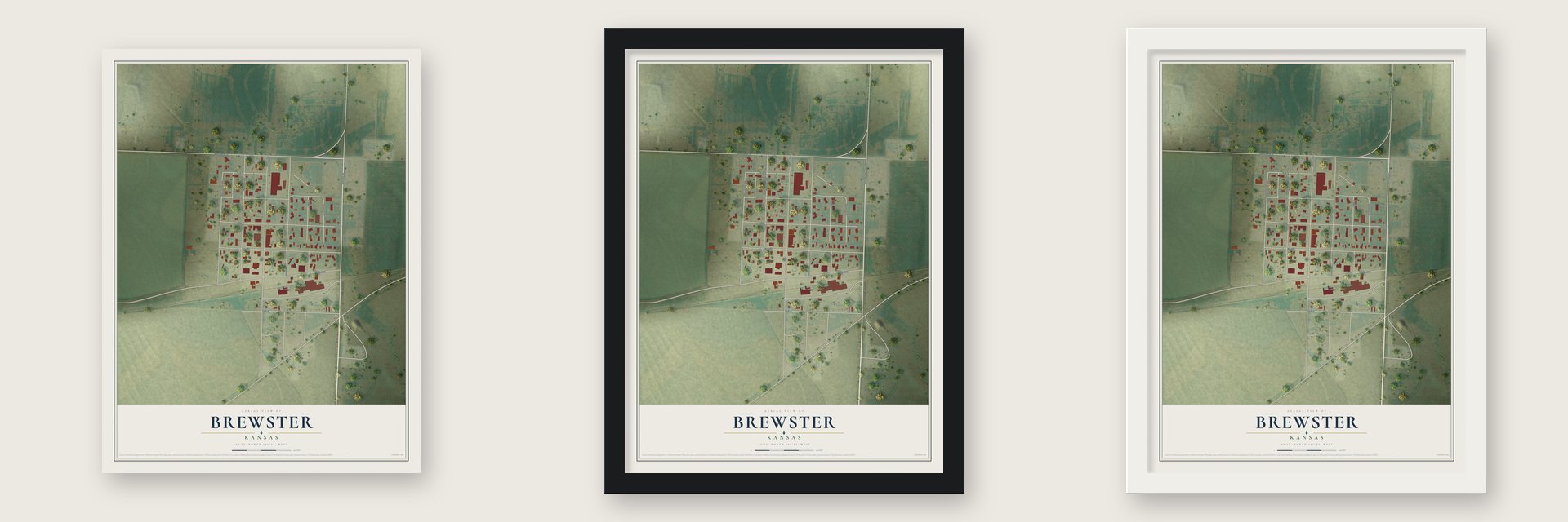 Brewster, Kansas map unframed, in a black wood frame and in a white wood frame