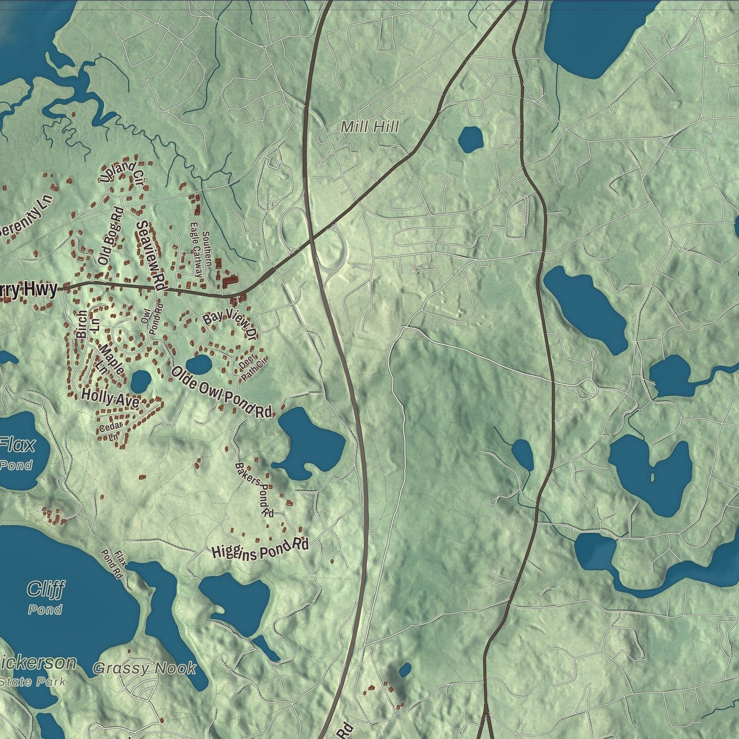 Close-up of the map of Brewster, Massachusetts print showing terrain and local geography
