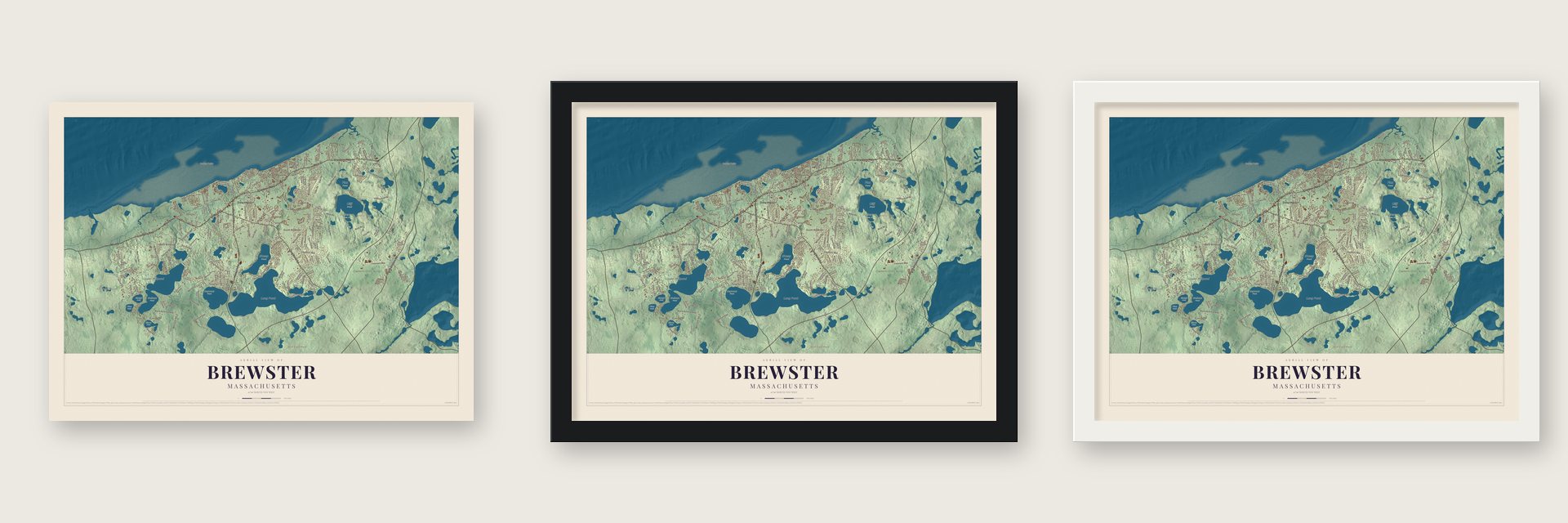 Brewster, Massachusetts map unframed, in a black wood frame and in a white wood frame