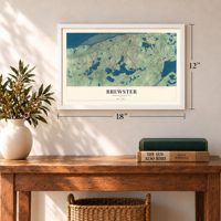 Brewster, Massachusetts map, 12 x 18 inch print in a white frame in an entryway