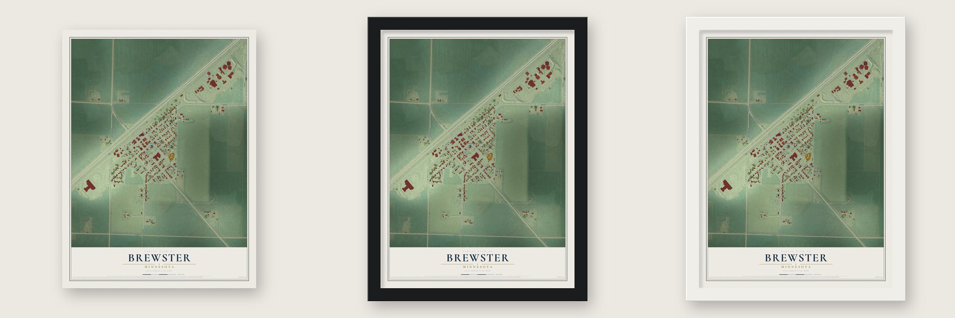 Brewster, Minnesota map unframed, in a black wood frame and in a white wood frame