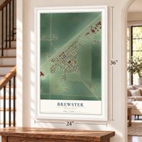 Brewster, Minnesota map, 24 x 36 inch print in a white frame by a staircase
