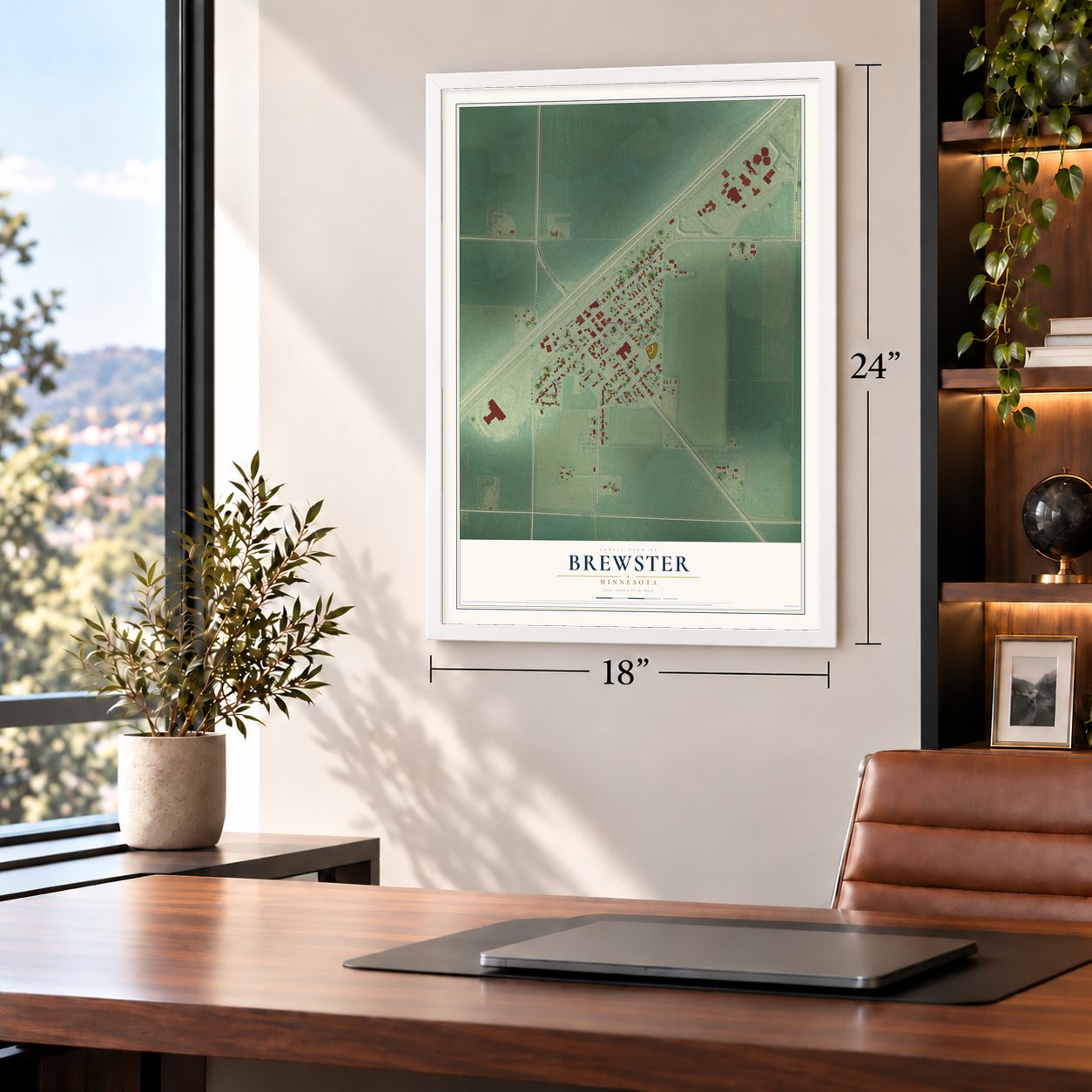 Brewster, Minnesota map, 18 x 24 inch print in a white frame in a home office