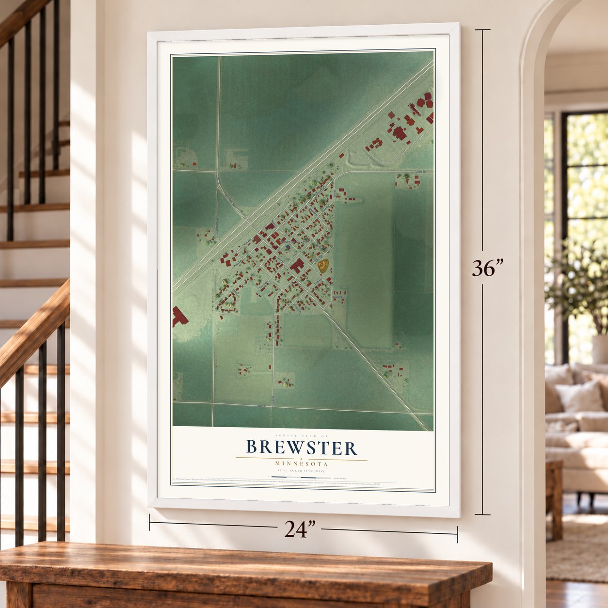 Brewster, Minnesota map, 24 x 36 inch print in a white frame by a staircase