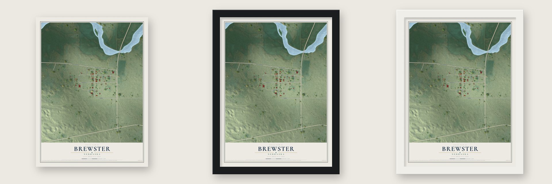 Brewster, Nebraska map unframed, in a black wood frame and in a white wood frame