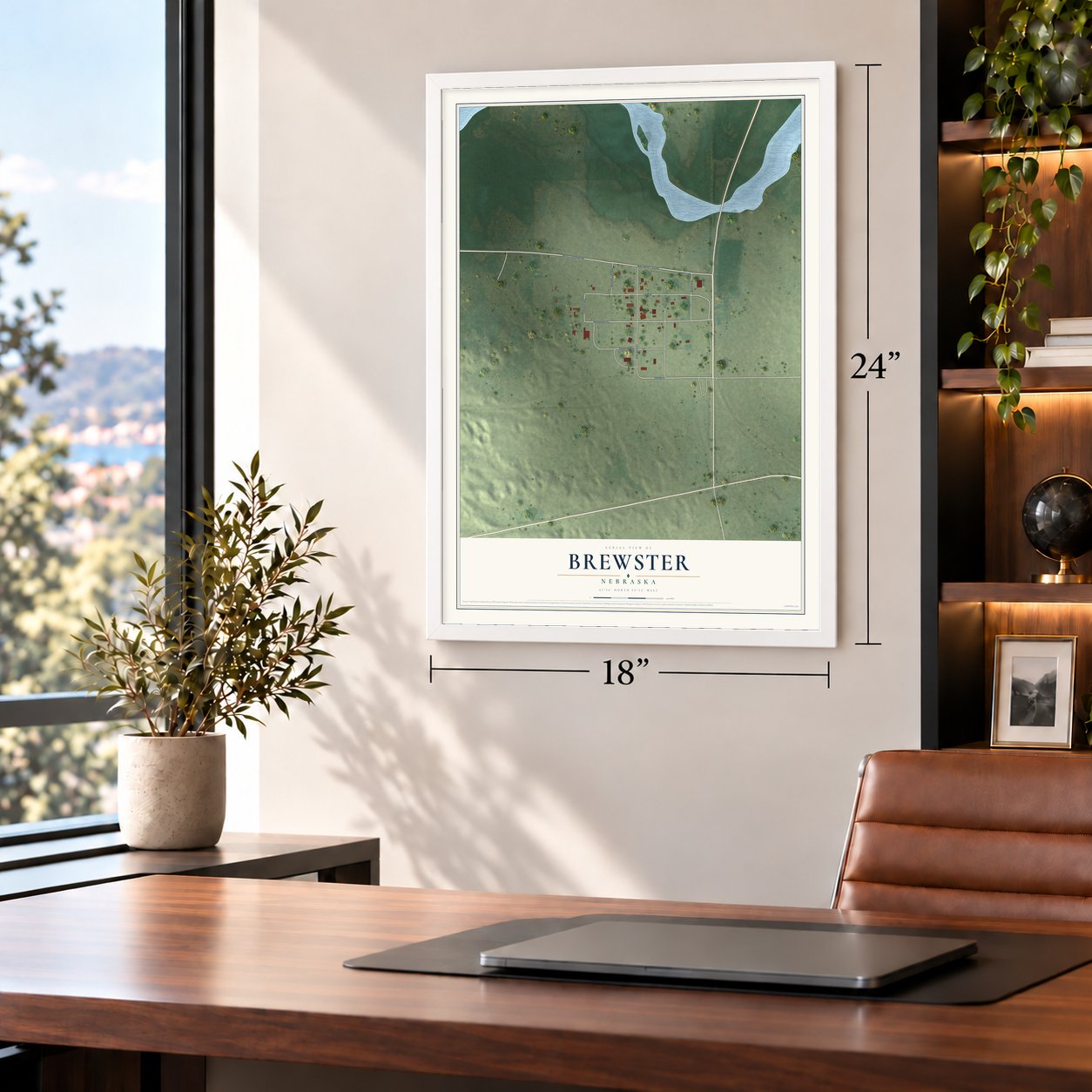 Brewster, Nebraska map, 18 x 24 inch print in a white frame in a home office
