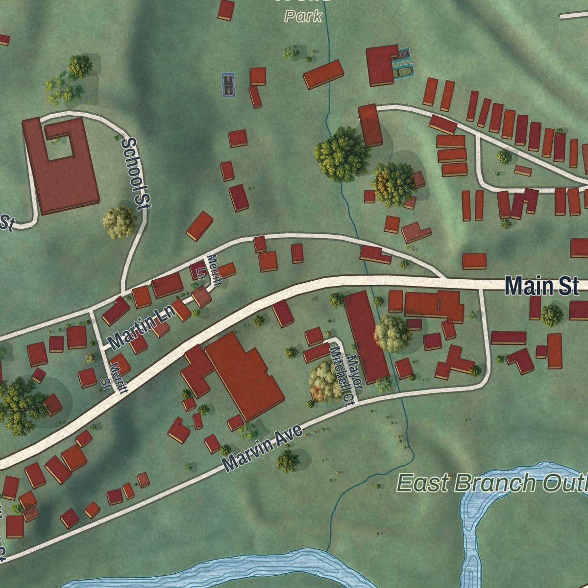 Second close-up of the map of Brewster, New York print showing more streets and buildings