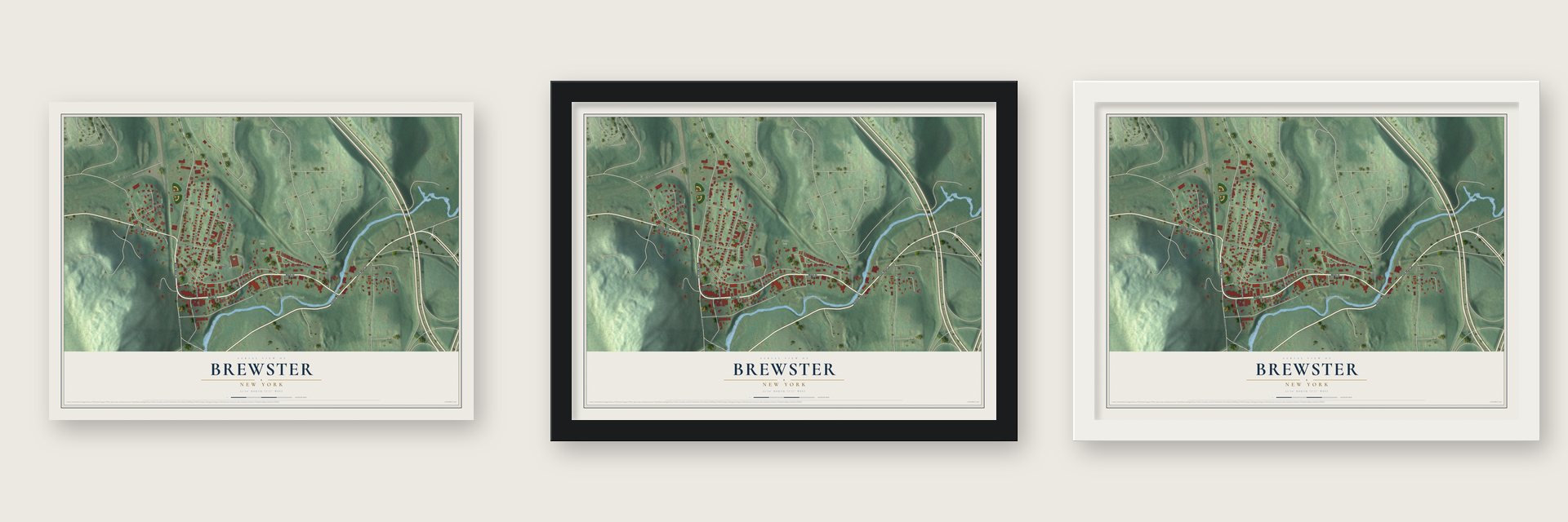 Brewster, New York map unframed, in a black wood frame and in a white wood frame