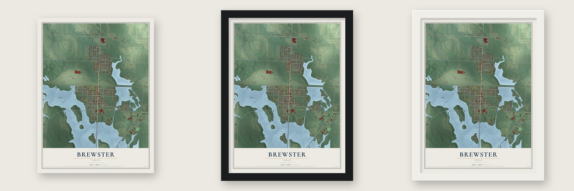 Brewster, Ohio map unframed, in a black wood frame and in a white wood frame