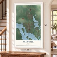 Brewster, Ohio map, 24 x 36 inch print in a white frame by a staircase