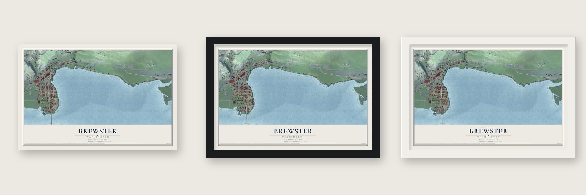 Brewster, Washington map unframed, in a black wood frame and in a white wood frame