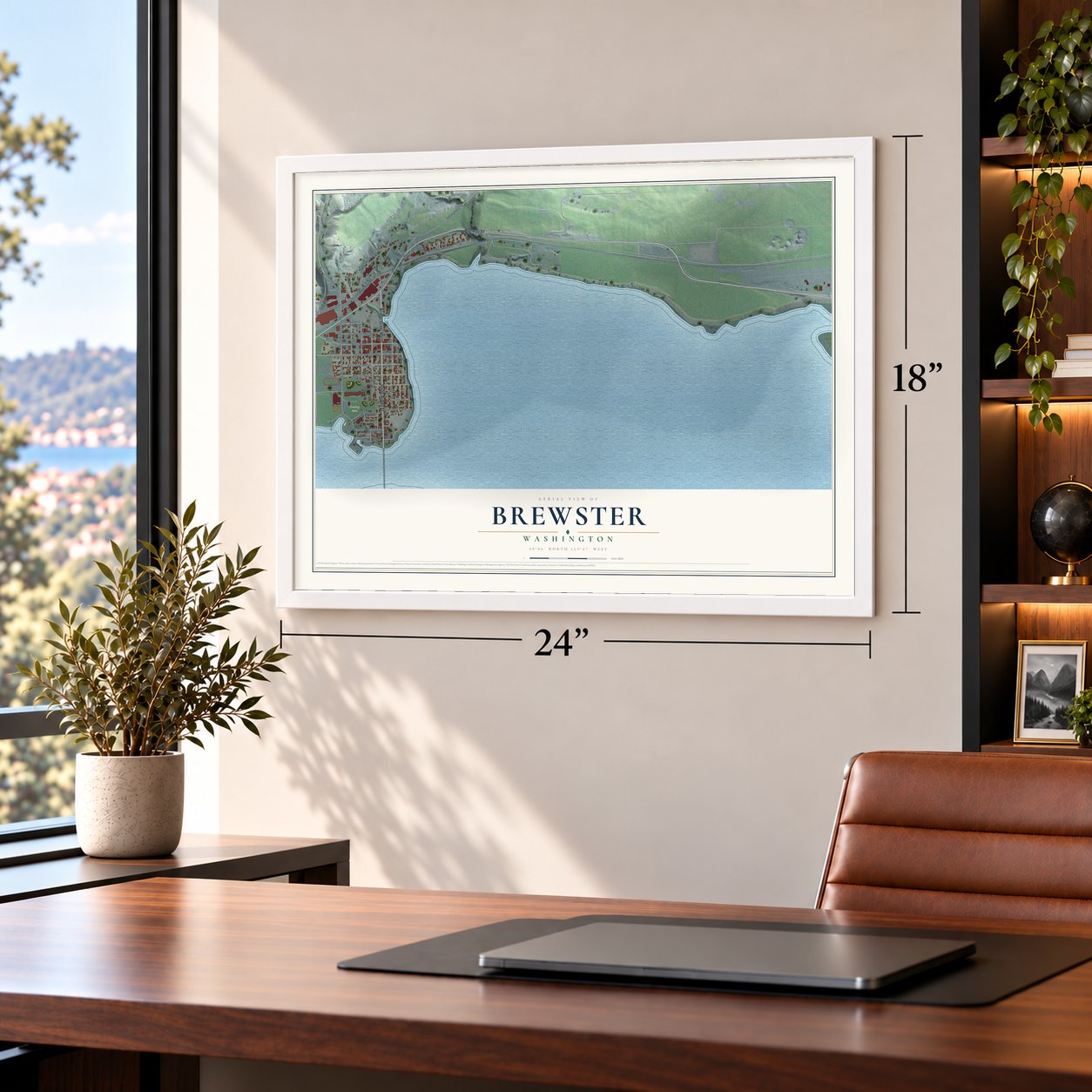 Brewster, Washington map, 18 x 24 inch print in a white frame in a home office