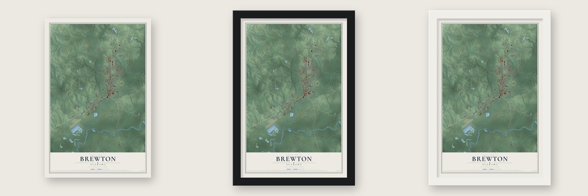 Brewton, Alabama map unframed, in a black wood frame and in a white wood frame