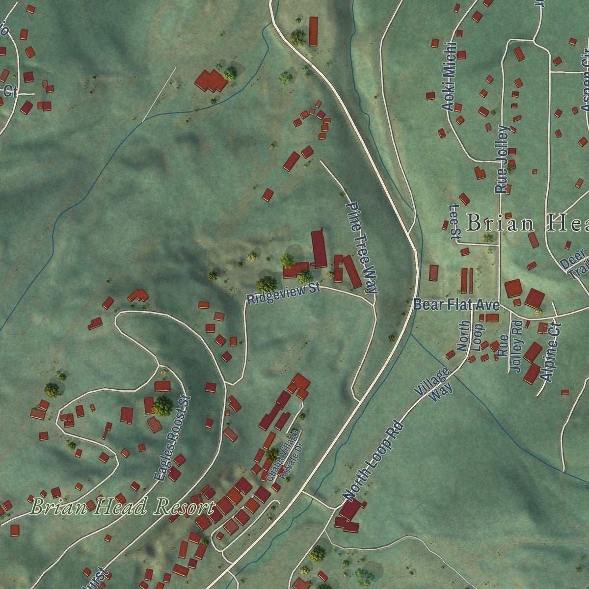 Second close-up of the map of Brian Head, Utah print showing more streets and buildings