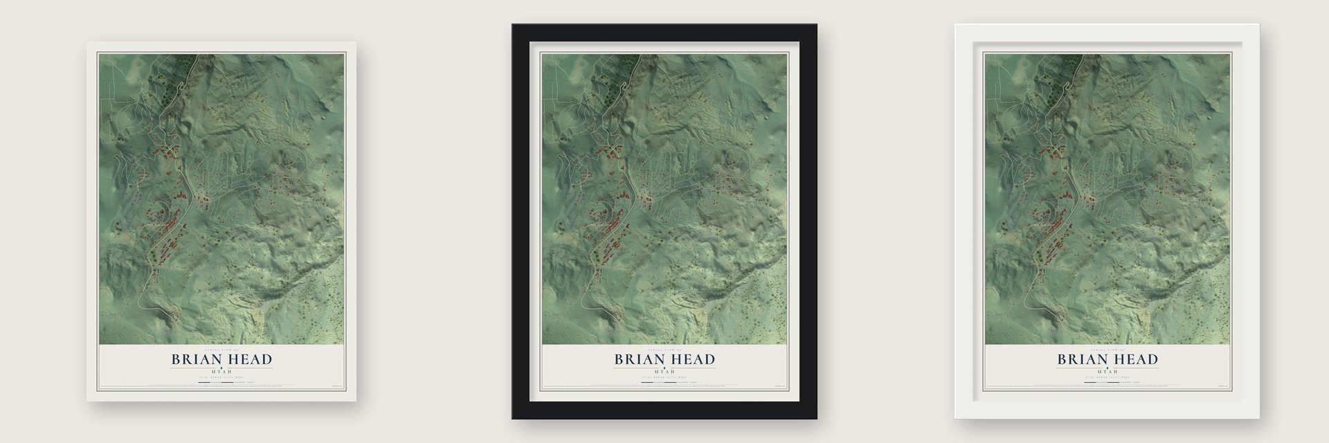 Brian Head, Utah map unframed, in a black wood frame and in a white wood frame