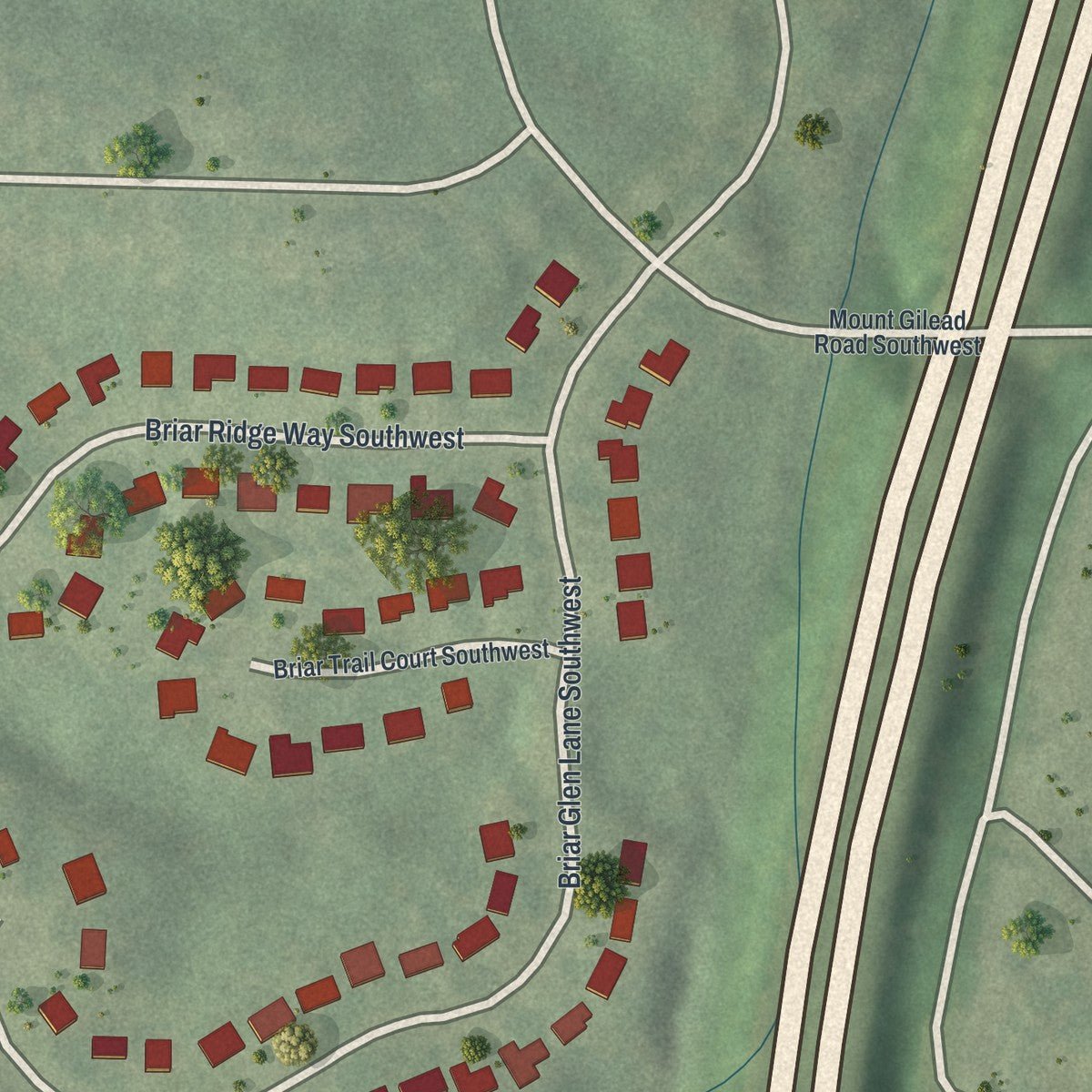 Second close-up of the map of Briar Glen, Georgia print showing more streets and buildings