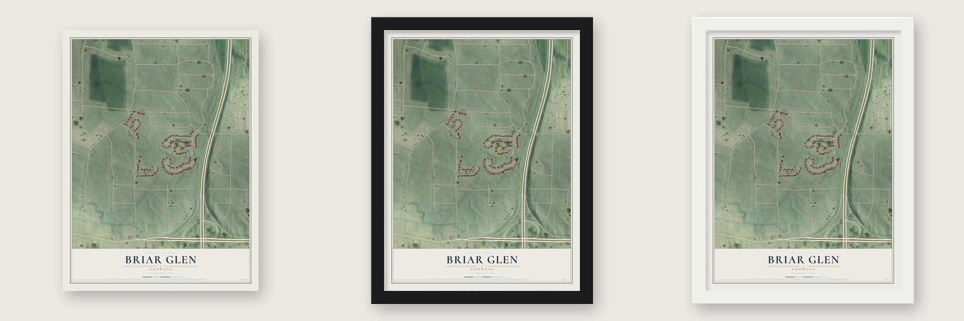 Briar Glen, Georgia map unframed, in a black wood frame and in a white wood frame