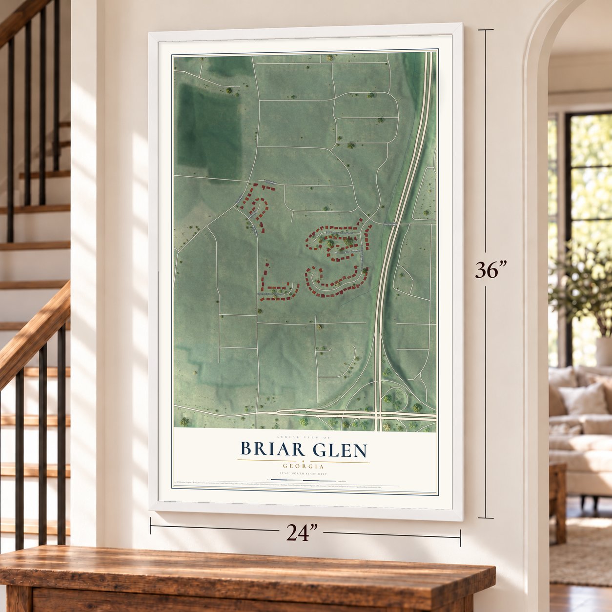 Briar Glen, Georgia map, 24 x 36 inch print in a white frame by a staircase