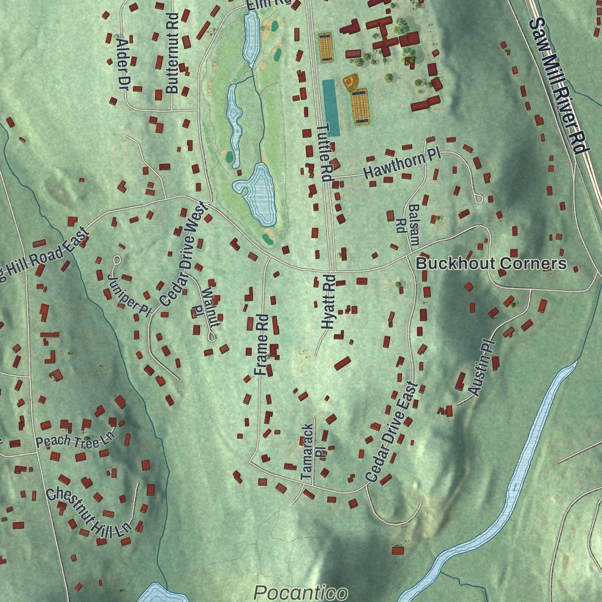 Second close-up of the map of Briarcliff Manor, New York print showing more streets and buildings