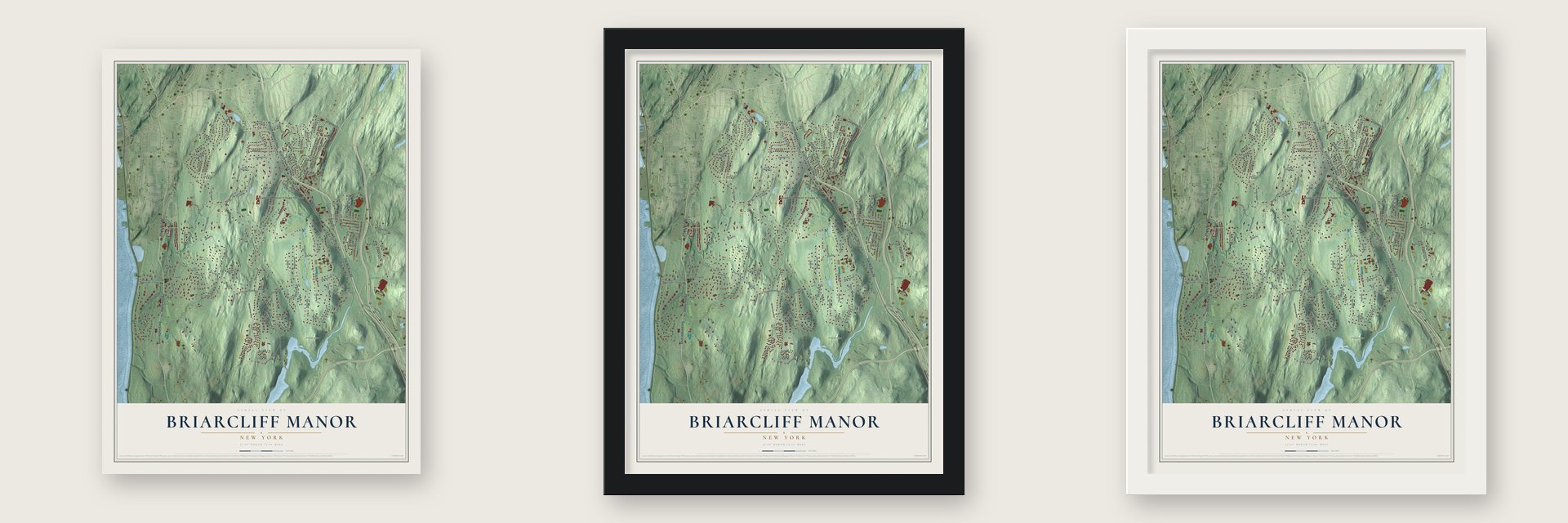 Briarcliff Manor, New York map unframed, in a black wood frame and in a white wood frame