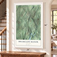 Briarcliff Manor, New York map, 24 x 36 inch print in a white frame by a staircase