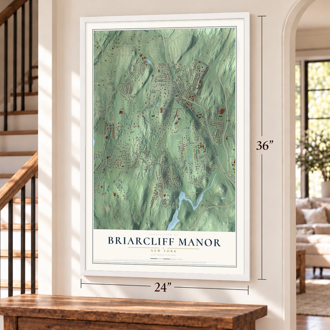 Briarcliff Manor, New York map, 24 x 36 inch print in a white frame by a staircase