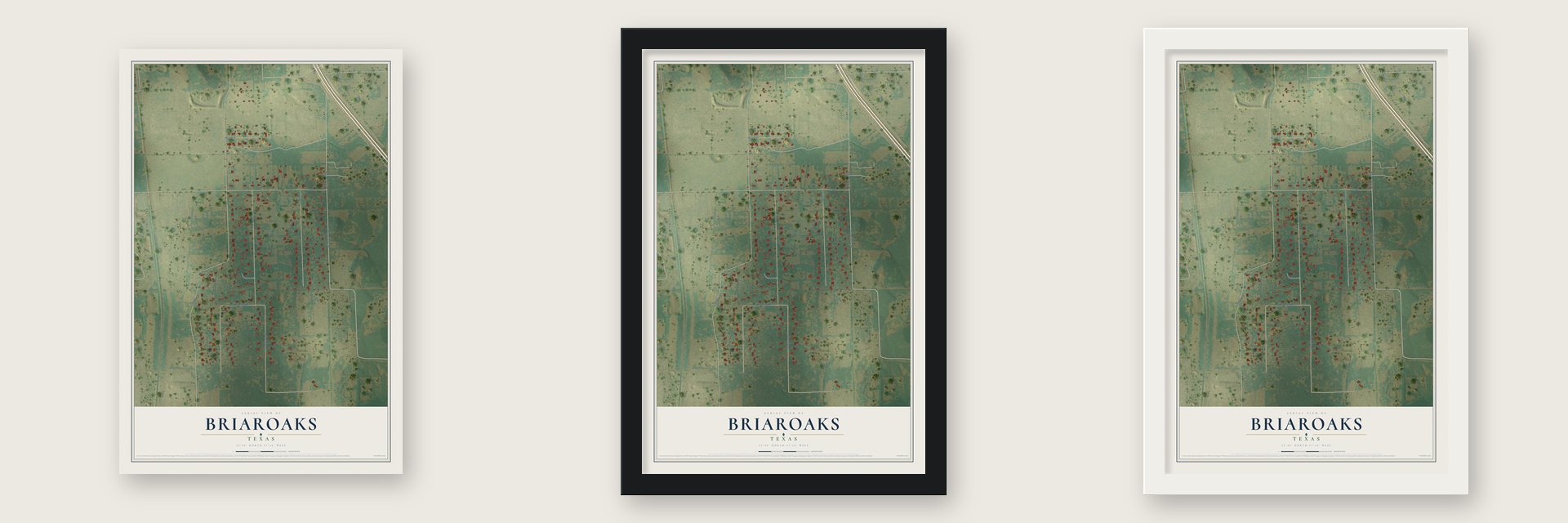 Briaroaks, Texas map unframed, in a black wood frame and in a white wood frame