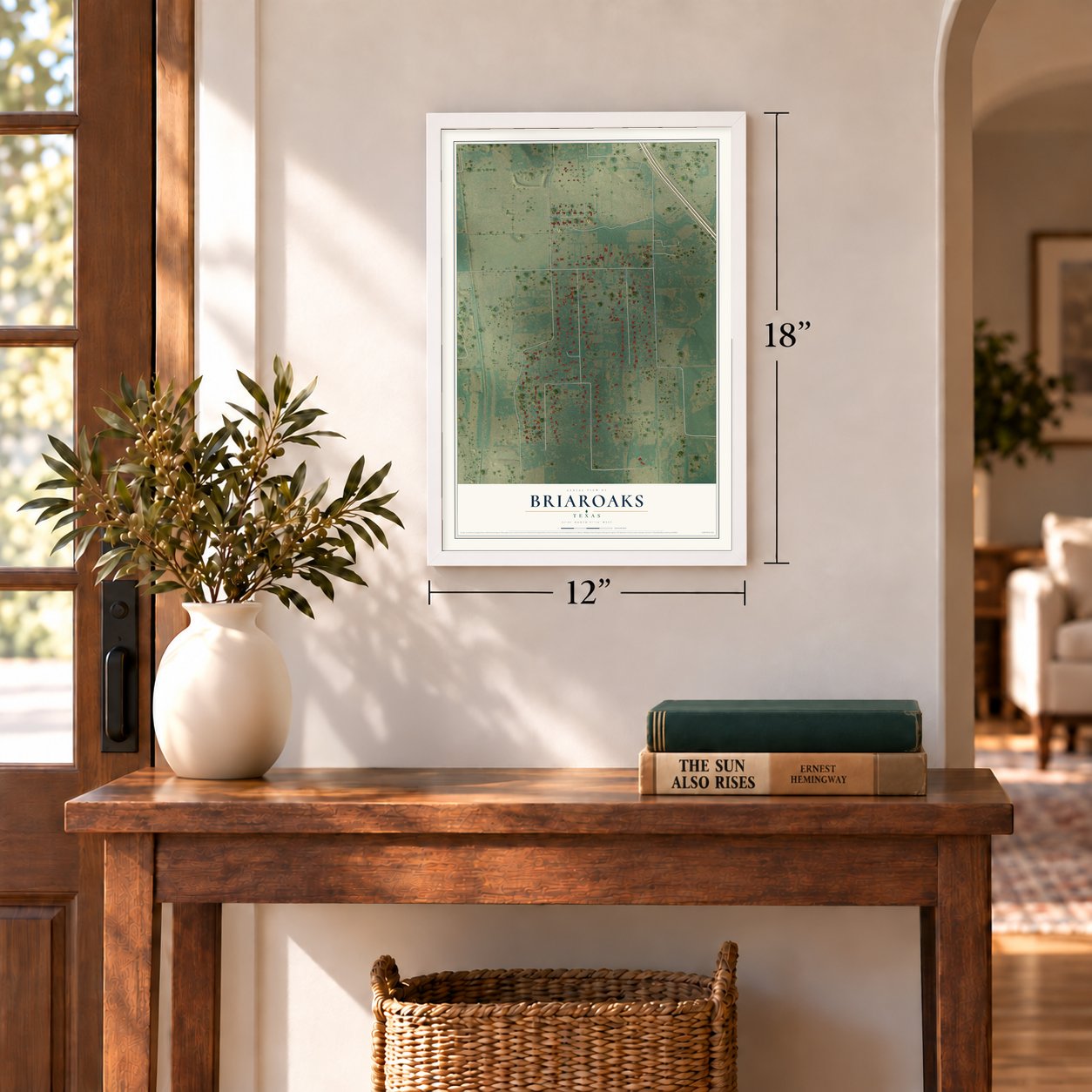 Briaroaks, Texas map, 12 x 18 inch print in a white frame in an entryway