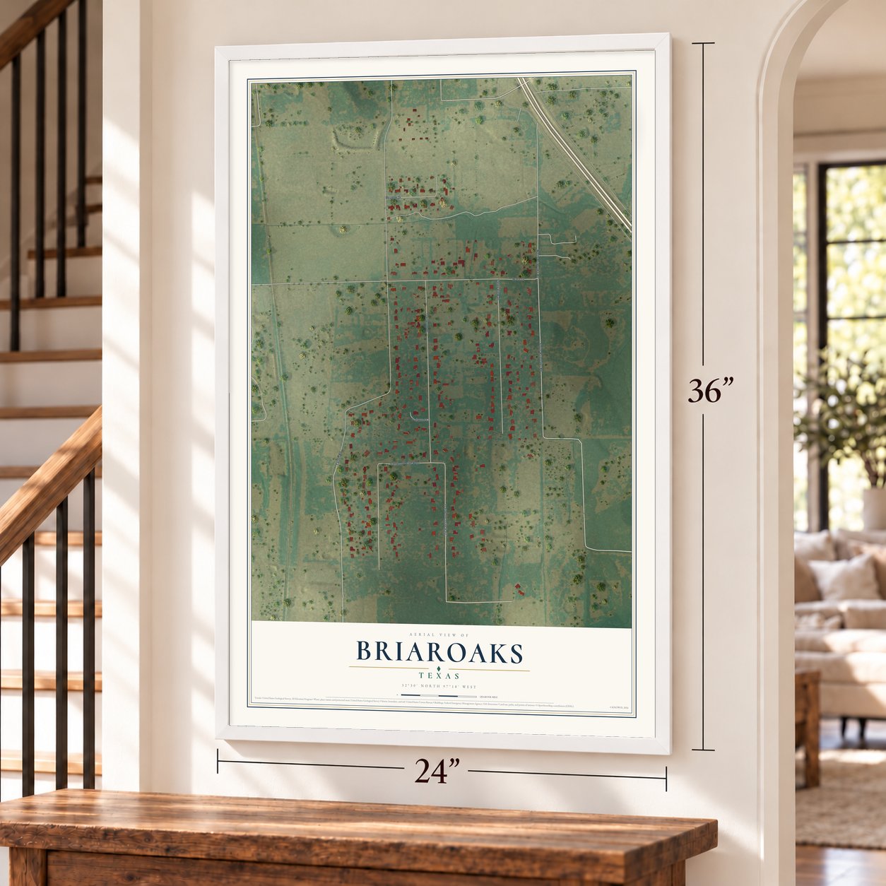 Briaroaks, Texas map, 24 x 36 inch print in a white frame by a staircase