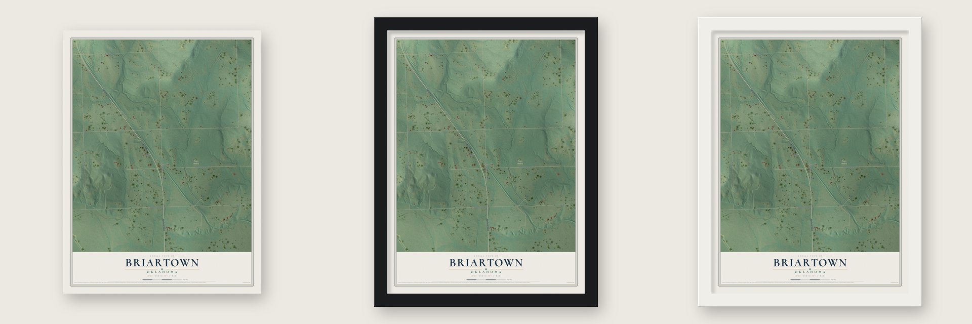 Briartown, Oklahoma map unframed, in a black wood frame and in a white wood frame