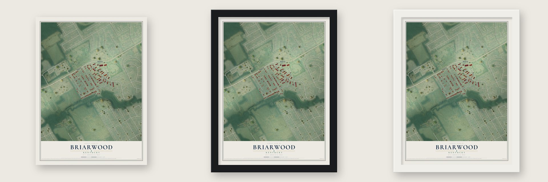 Briarwood, Kentucky map unframed, in a black wood frame and in a white wood frame