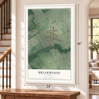 Briarwood, Kentucky map, 24 x 36 inch print in a white frame by a staircase