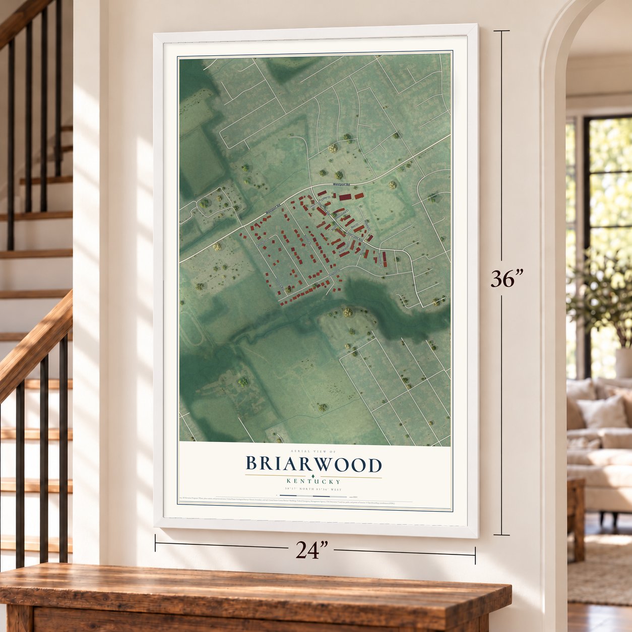 Briarwood, Kentucky map, 24 x 36 inch print in a white frame by a staircase